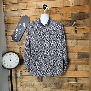 Tom Baine men's slim fit blue & white floral print button up shirt size L